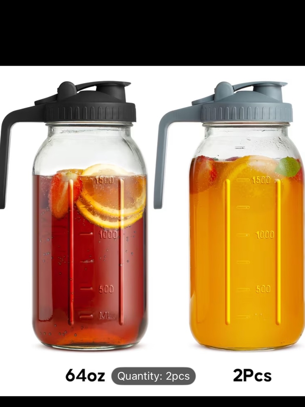 🆕 2-Pack Glass Beverage Pitchers with Gray and Black Lids